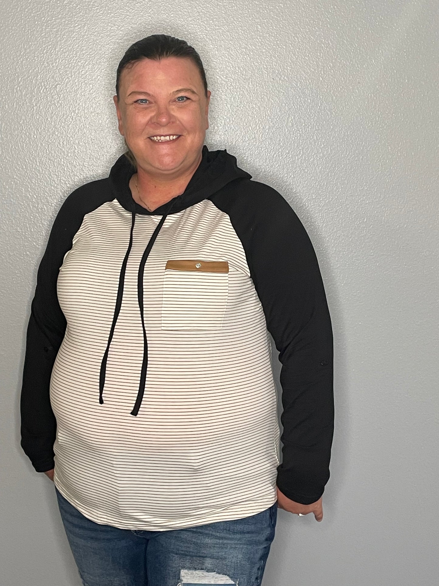 Black Striped Raglan Sleeve Buttoned Pocket Hoodie