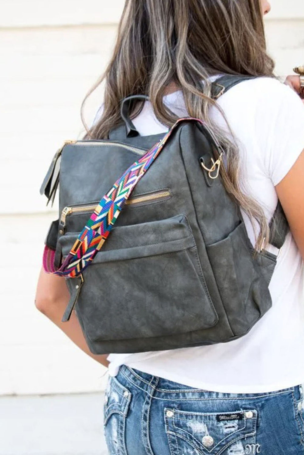 Gray Casual Leather Backpack