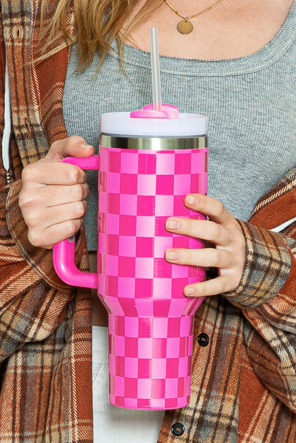 Pink Checkered Stainless Steel Cup - 40 oz